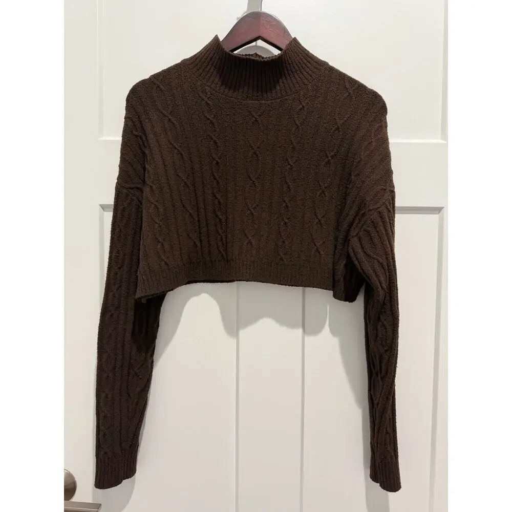 Alo Yoga Cable Knit Cropped Winter Bliss Sweater Espresso Size XS Cozy